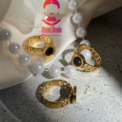 انگشتر استیل گلد سنگ مشکی